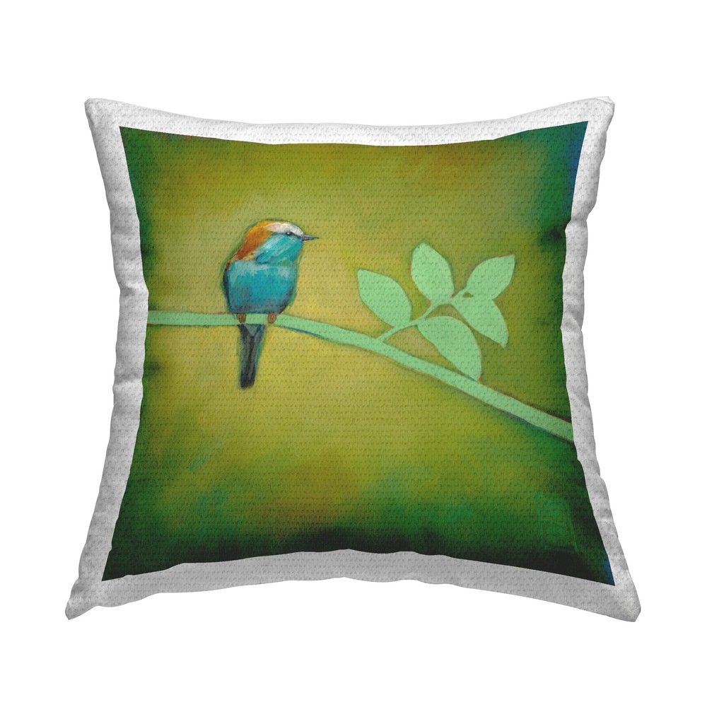 Green Bird on Abstract Branch Outdoor Printed Pillow 18x18 Inches