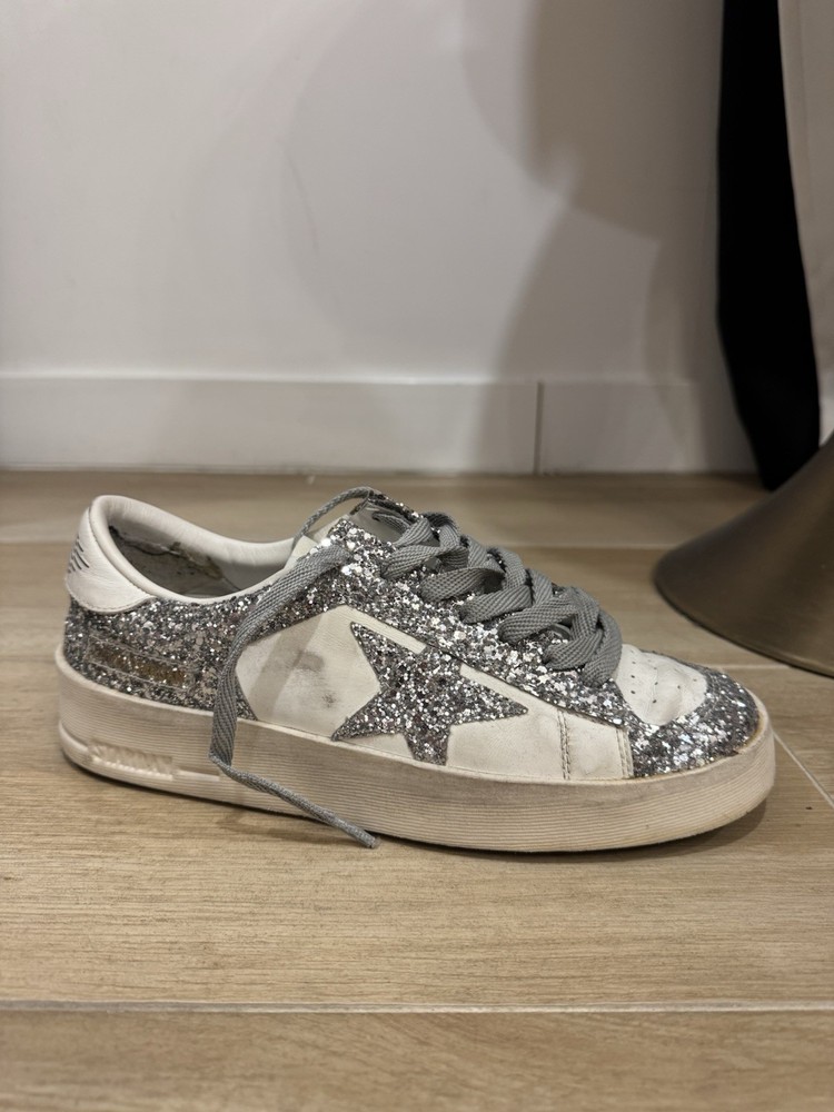 Golden Goose Stardan White Silver Glitter Star Leather Women's Sneakers Athletic