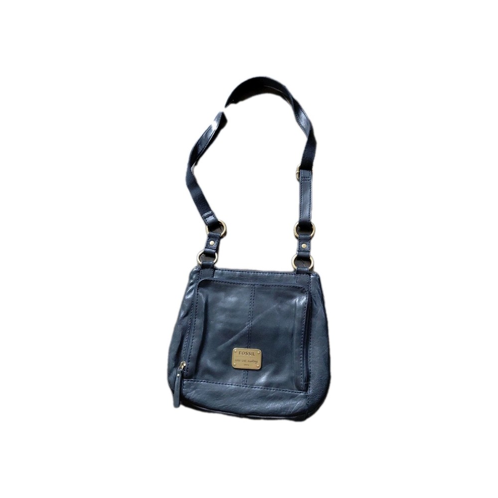 Fossil Long Live Vintage 1954 Black Leather Crossbody Bag Purse Adjustable Strap