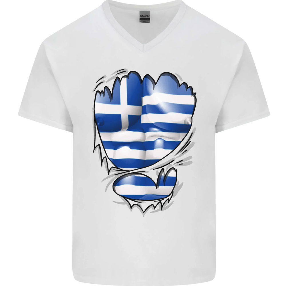 Gym The Greek Flag Ripped Muscles Greece Mens V-Neck Cotton T-Shirt