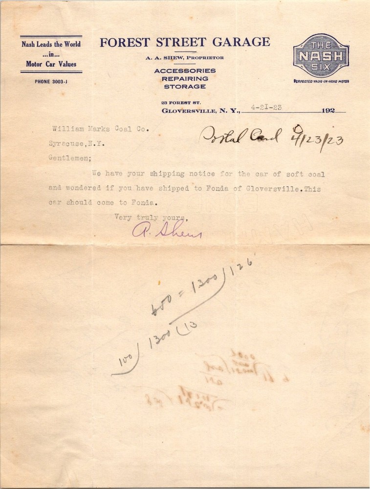 1923 Forest Street Garage Letter Gloversville NY Nash Six Motorcar Ephemera