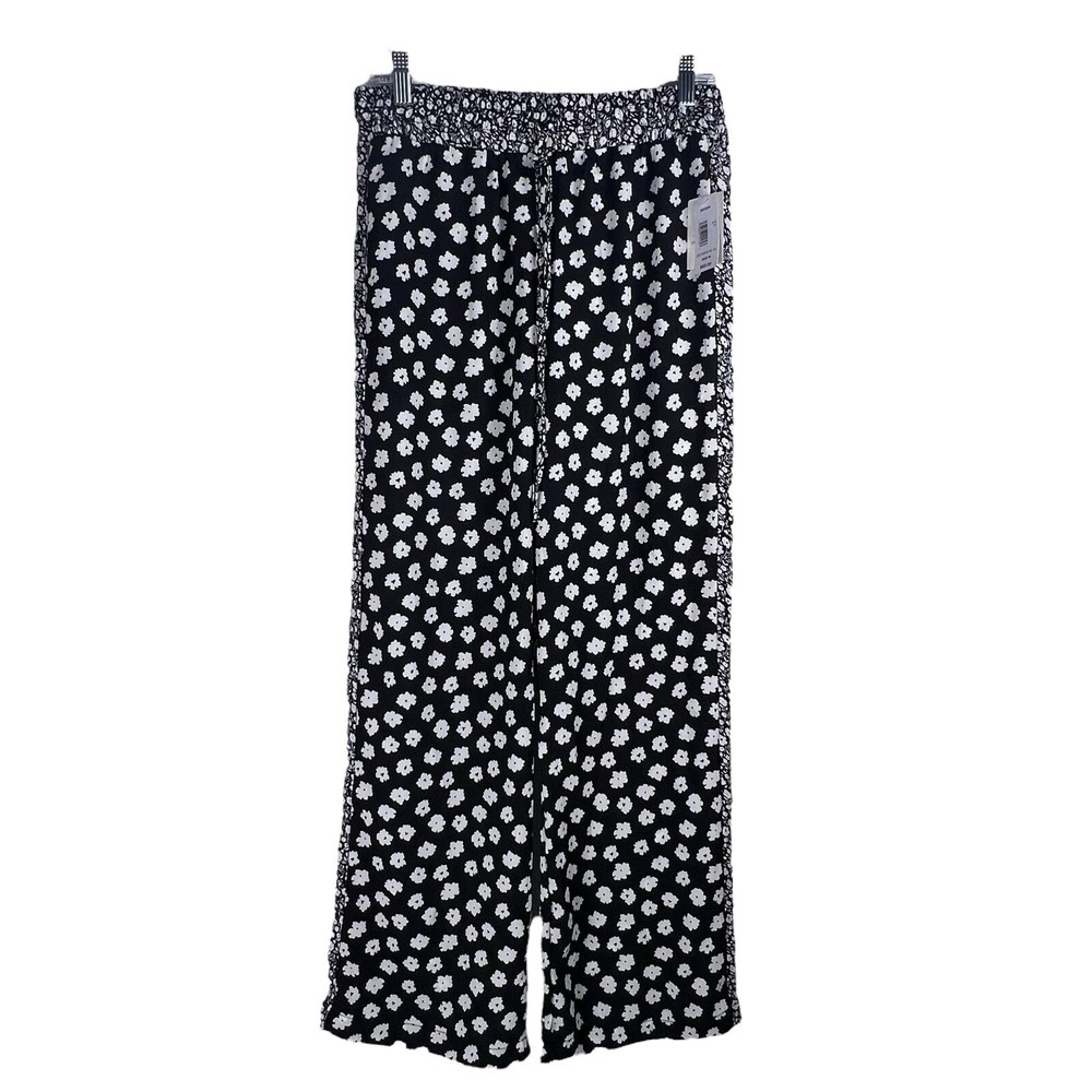 Retrology Women’s Sheer Black And White Floral Design Wide leg Pant  - Sz: M/M