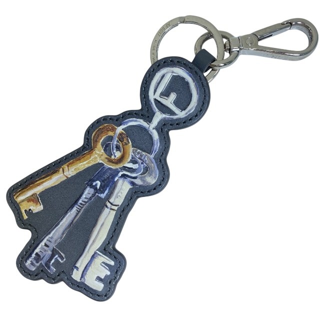 RARE FENDI Leather Key Ring with Logo Charm in Gray