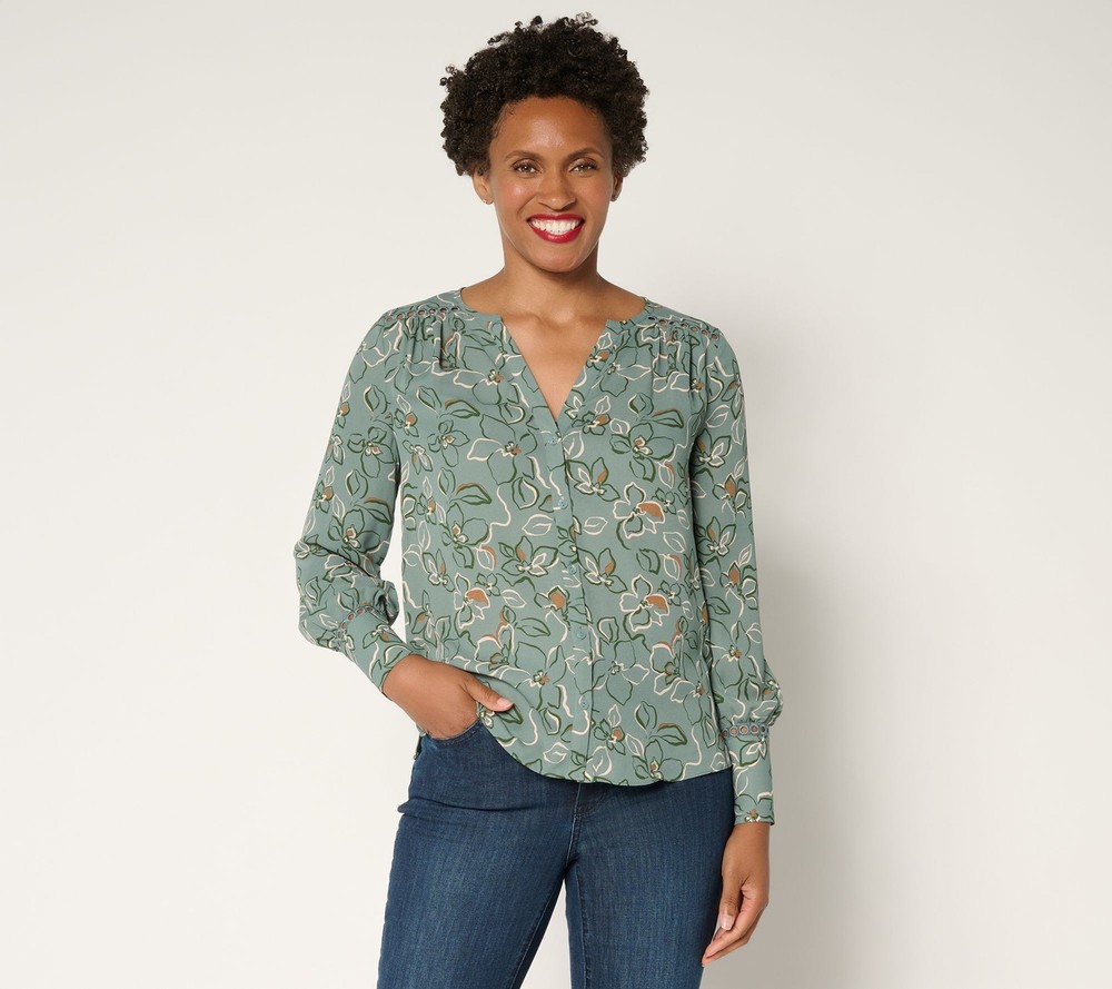 NYDJ Women's Top Plus Sz 2X Liliana Lace Long Sleeve Peasant Blouse Green