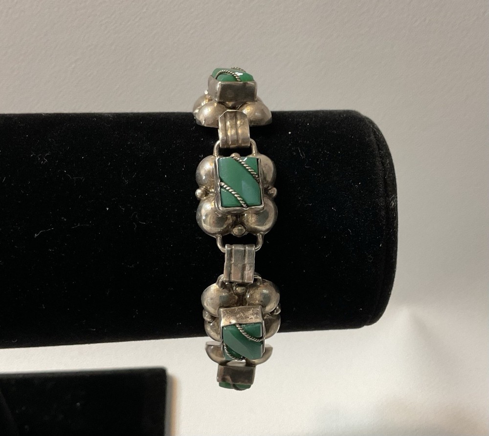 Vintage 925 Silver Mexican Bracelet with Green Onyx 7 Inch