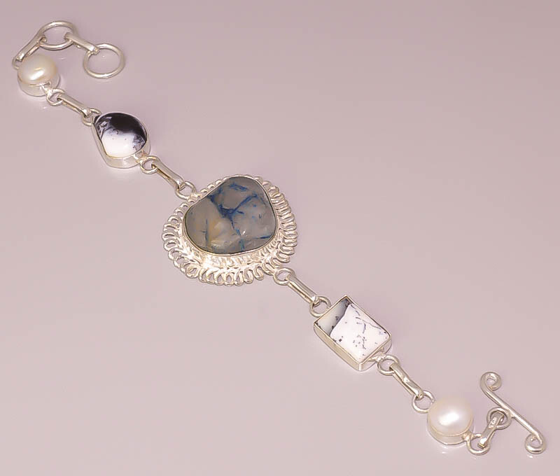 Dendrite Opal Fresh River Pearl 925 STERLING SILVER PLATED BRACELET