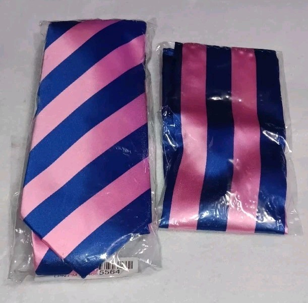 NWT! Hisdern Mens Neck Tie And Pocket Square Bundle Set Blue And Pink Stripes...