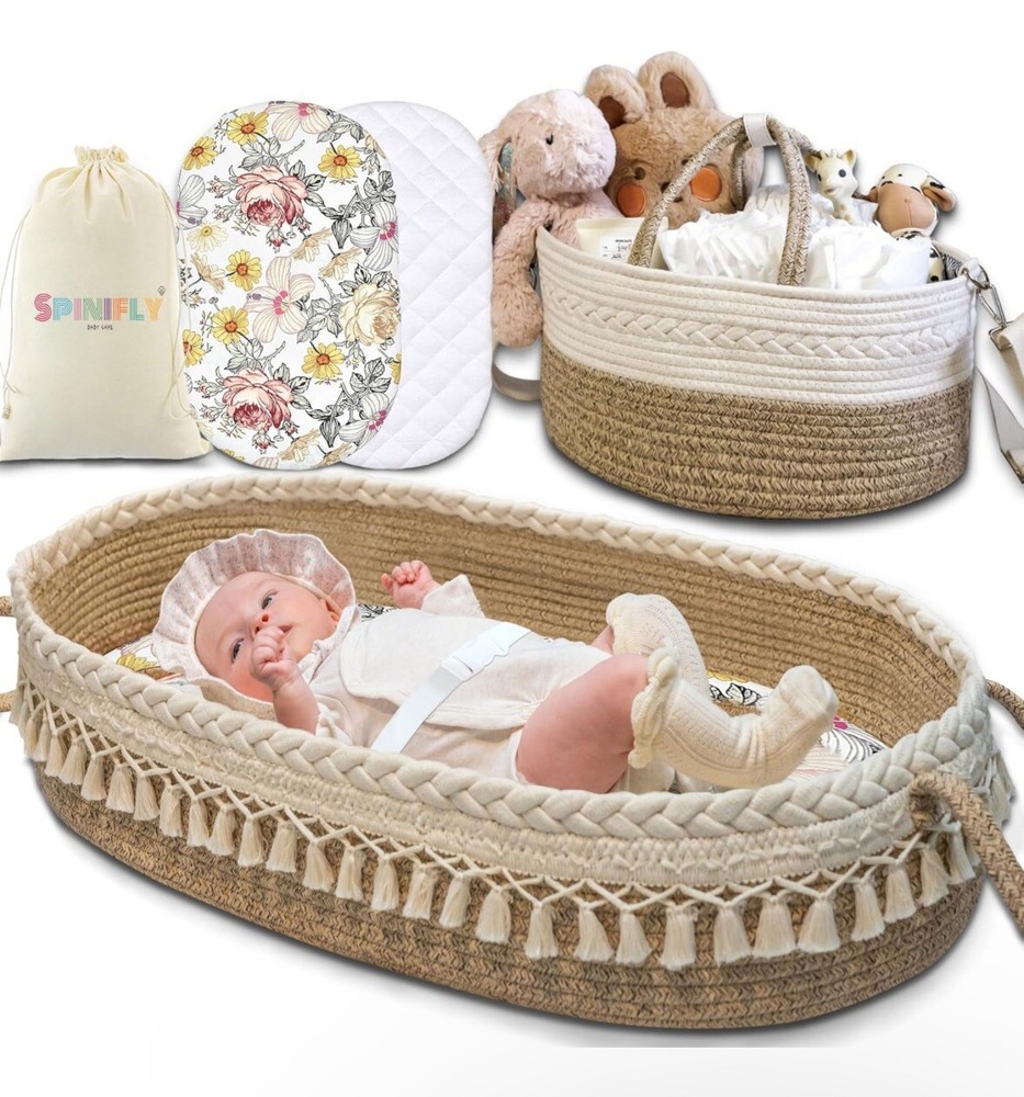 SPINIFLY Baby Changing Basket W/ Diaper Caddy Organizer-Macrame Moses Basket.