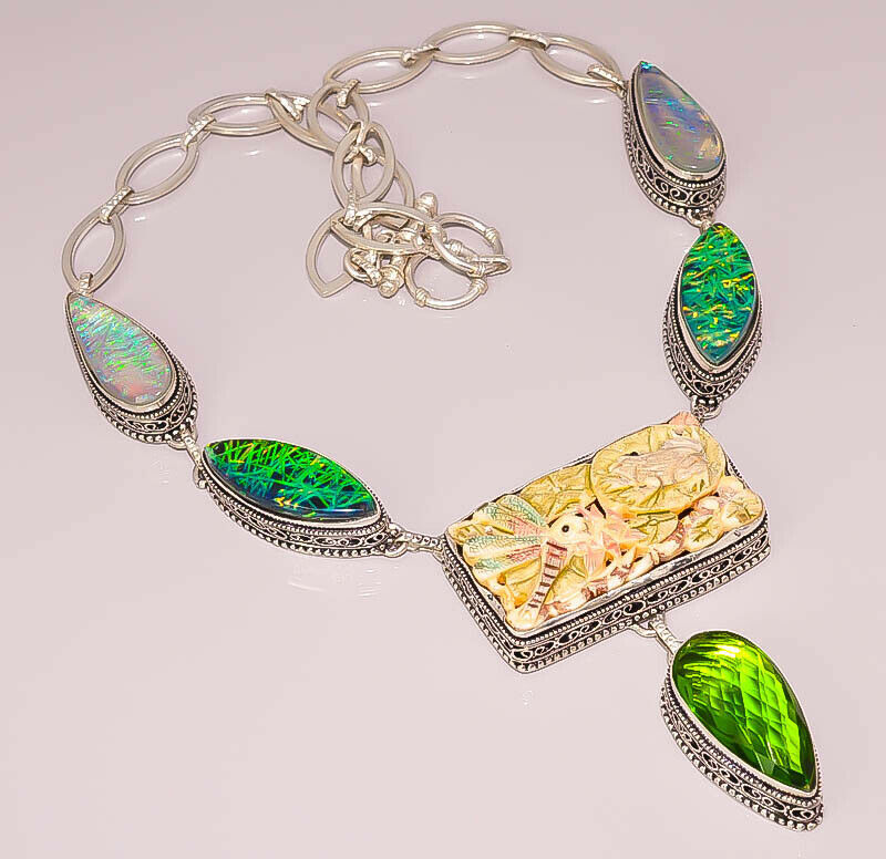 Shiny Triplet Opal Peridot Faceted Quartz Necklace in 925 Sterling Silver Plated Design