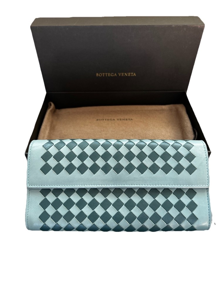 Bottega Veneta Intrecciato Blue Checkered Continental Wallet Very Good (Box/Bag)