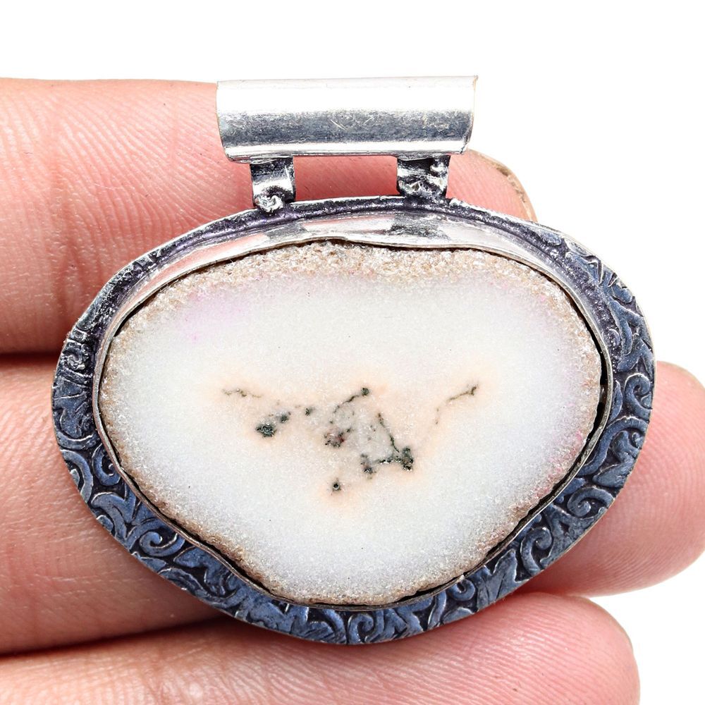 White Solar Drusy Gemstone Pendant Silver Jewelry Gift For Her 1.5 Inch
