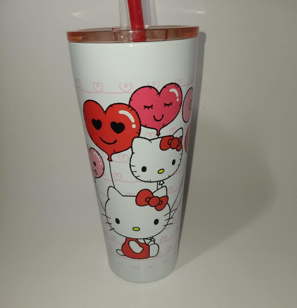 Hello Kitty Stainless Steel Tumbler with Straw Heart Balloons Design  