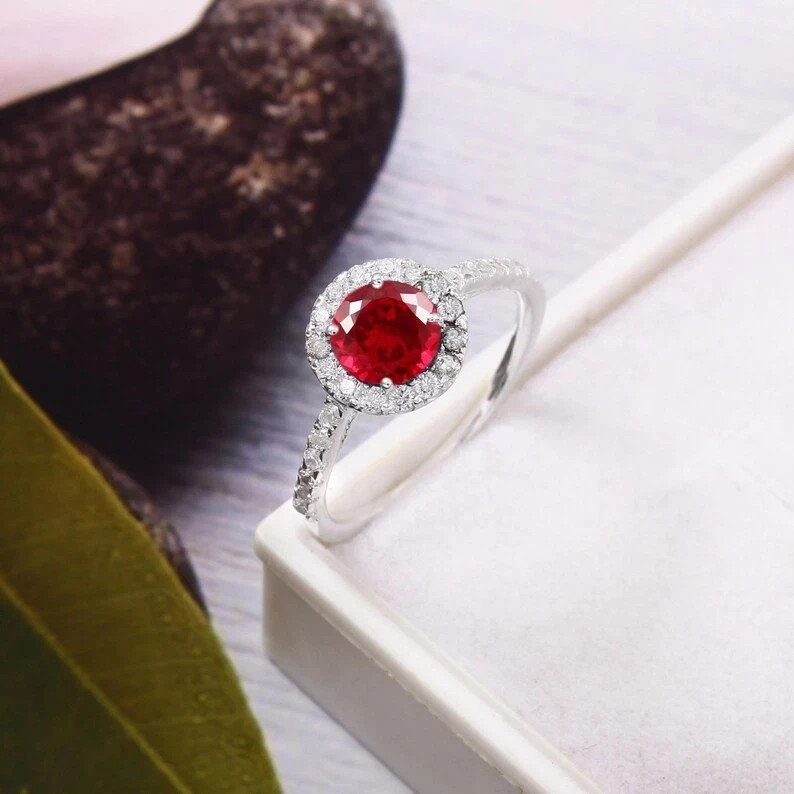 6x6 MM Round Red Ruby Ring With Zircon Accents In 925 Sterling Silver All Sizes