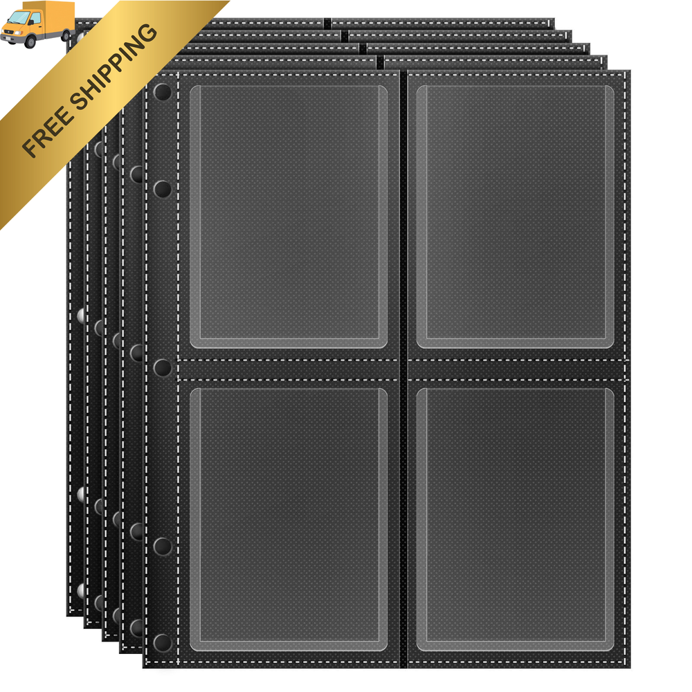 Top Loader Sleeves 4-Pocket Trading Card Storage Refill Binder Pages – Black