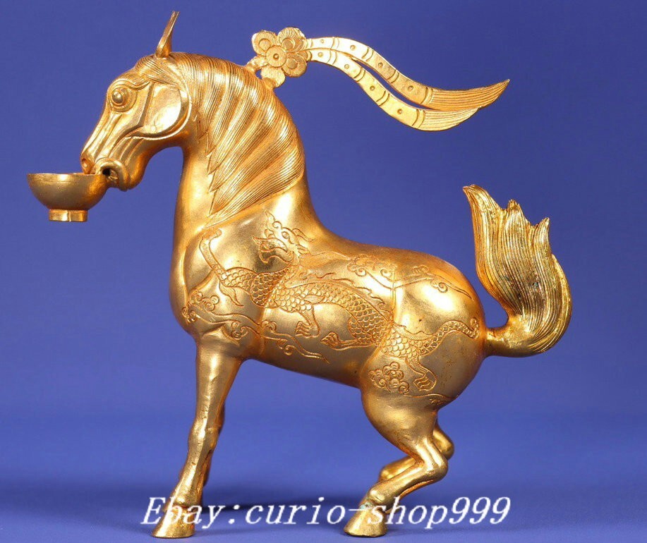 4.9 Inch Antique Copper Gold Gilt Feng Shui Zodiac Dragon Horse Statue