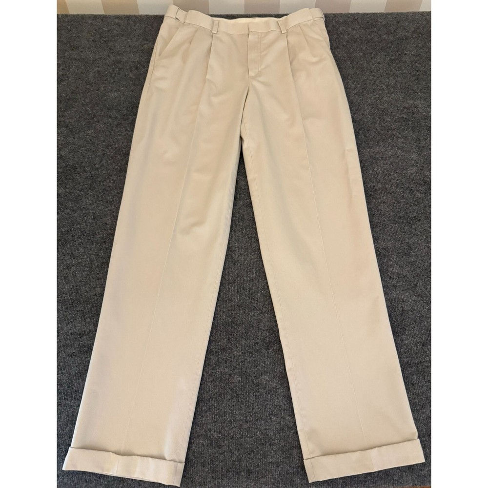 LL Bean Pants Mens 34x34 Beige Comfort Waist Pleated Cuff Dress Chino Cotton