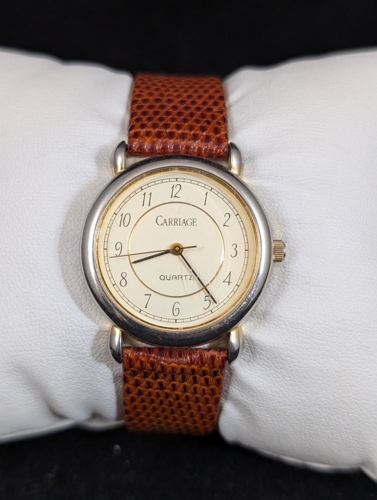 Timex Carriage Gold-Tone Quartz Watch with Brown Leather Strap Unisex Water Resistant