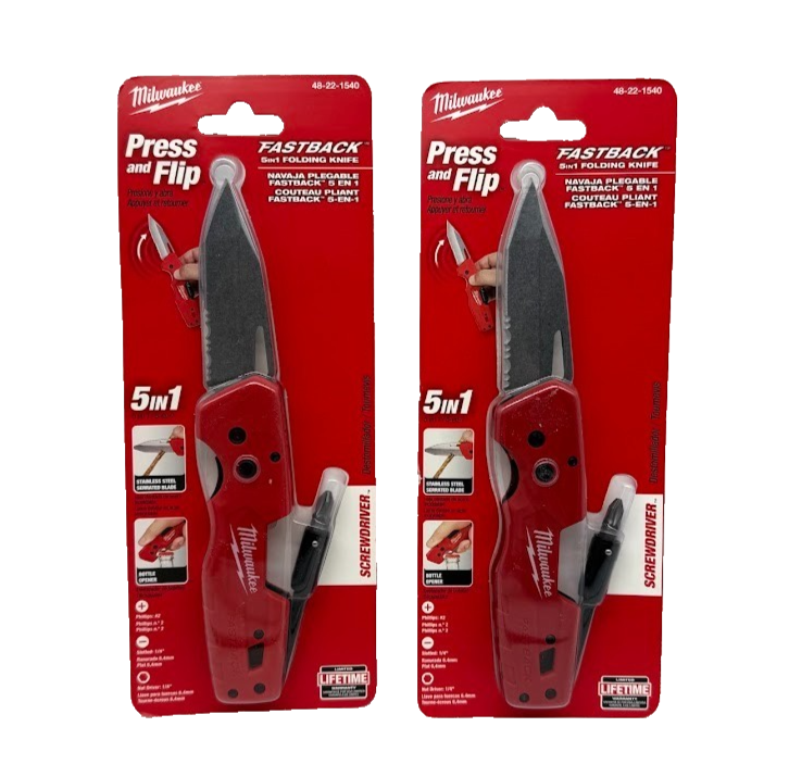 Lot of 2 Milwaukee FASTBACK 5- in-1 Folding Knives with 3 in. Blade 48-22-1540