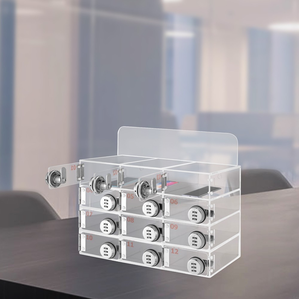 12 Slots Cell Phone Locker Box Transparent Acrylic Storage Box W/Locks TOP