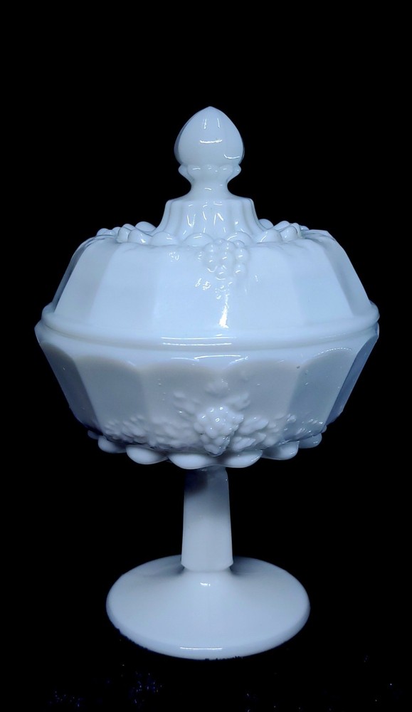 Westmoreland Milk Glass Panel Grape Pedestal Candy Dish 7.5 Inch Vintage