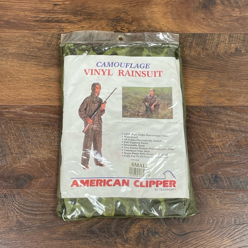 VTG New Old Stock American Clipper Woodland Camo Vinyl Rain suit-Old School SZ S