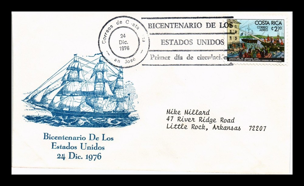 DR JIM STAMPS COSTA RICA FIRST DAY COVER BICENTENNIAL OF THE UNITED STATES