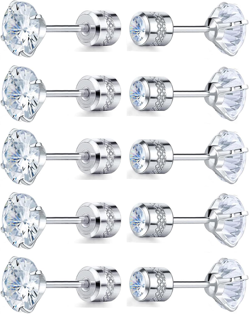Pack of 5 Cubic Zirconia Screw Back Earrings Hypoallergenic for Sensitive Ears