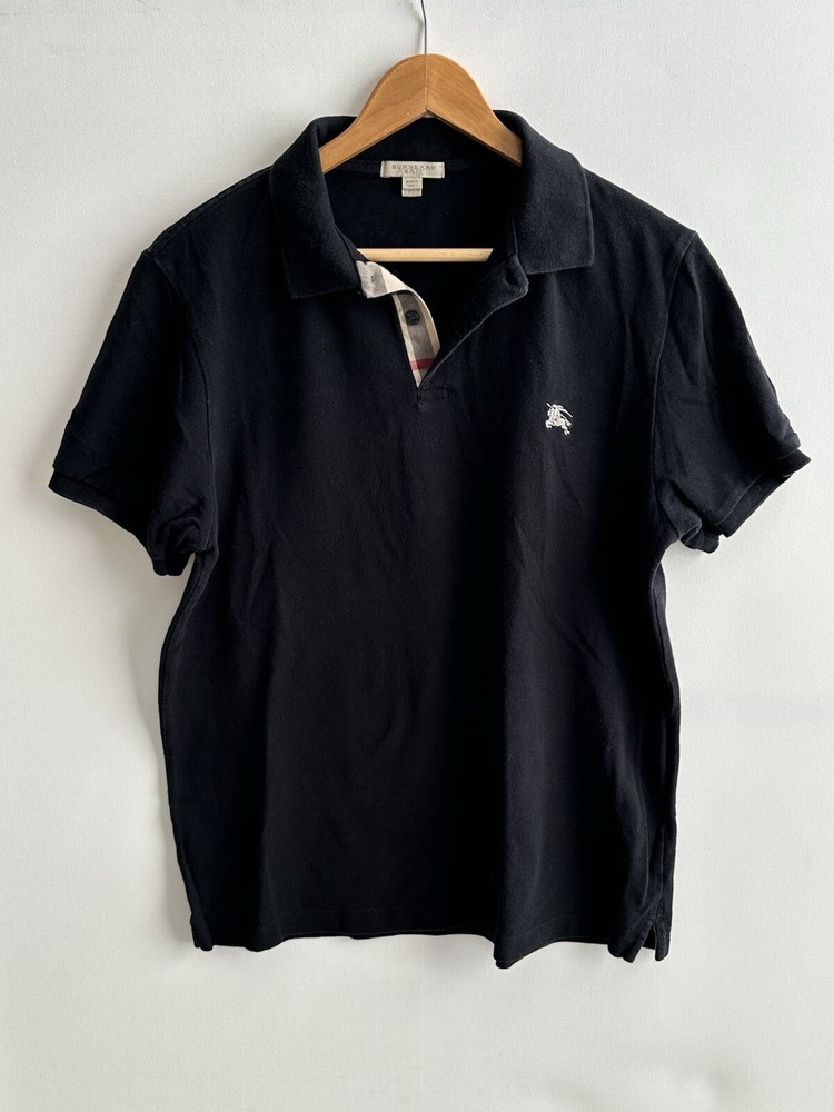 Men’s Burberry Brit Cotton Nova Check Trim Short Sleeve Black Polo Shirt Size L