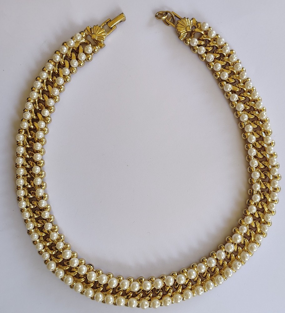 Vintage Richelieu Faux Pearl Gold Tone Necklace Signed Mid Century Costume