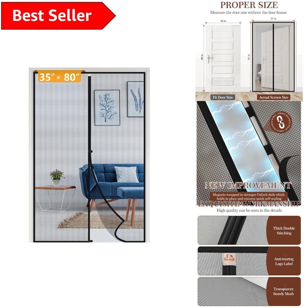 Black Reinforced Magnetic Screen Door 37x81 Inches for Easy Indoor-Outdoor Access