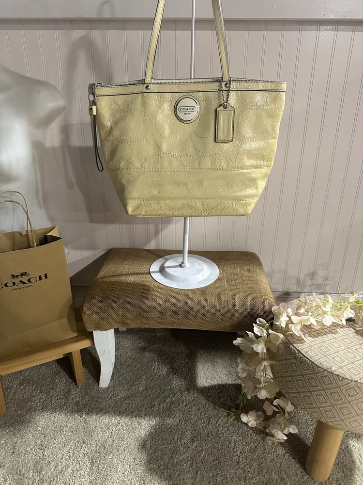 Coach Creamy Yellow Leather Tote Bag With Signature Pattern & Tag