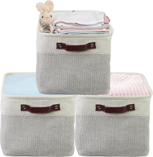 Extra Large 15x11 Inch Fabric Storage Bins 3-Pack with Faux Leather Handles in Gray