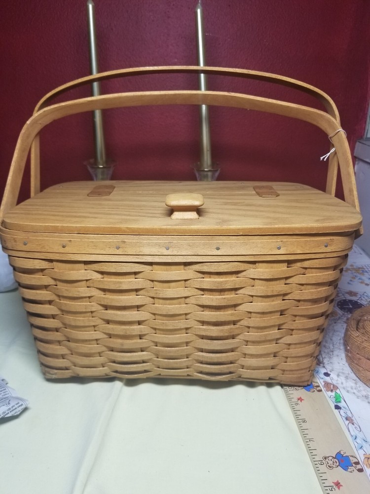 Longaberger Gourmet Picnic Basket 2 Swing Handles 1990 Leather Hinges Wood Lid