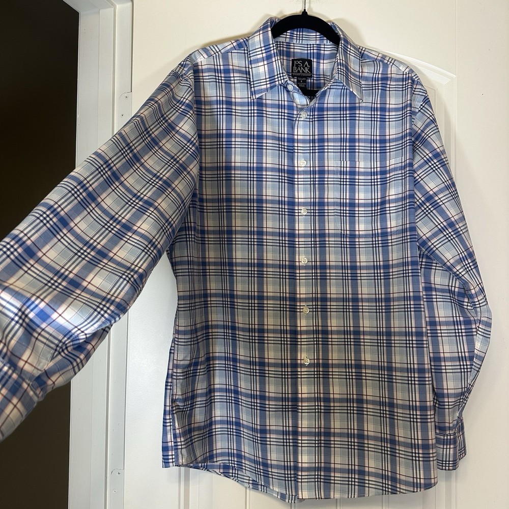 Jos. A Bank Traveler's Collection Plaid Button Down Shirt Size L Tailored Fit