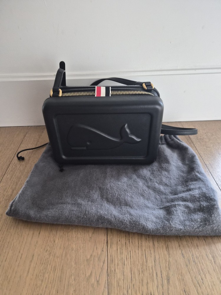 Authentic Thom Browne Navy Blue Small Leather Box Bag