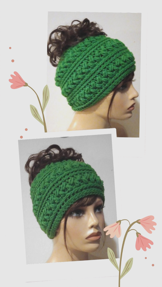 crochet womans handmade messy bun hat beanie puffs green USA made