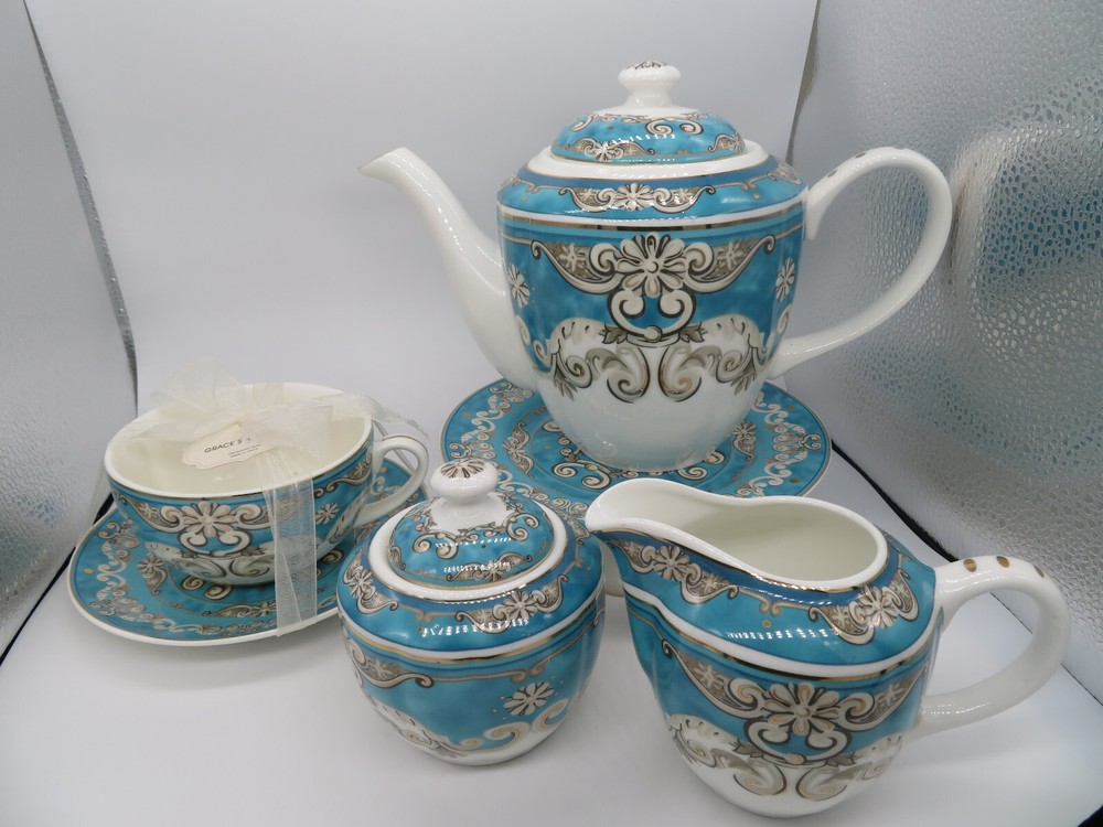 Grace's Teaware Turquoise Gray Flowers Scrolls Gold Venetian Design 8 Piece Set