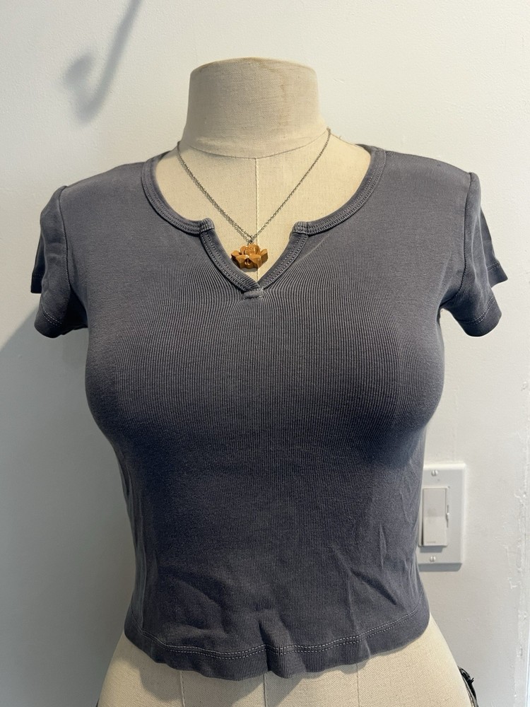 John Galt Brandy Melville Dark Teal Gray Cropped T Shirt, One Size