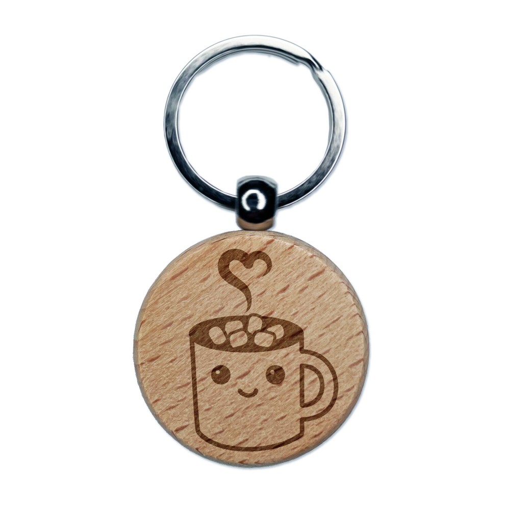 Cute Kawaii Hot Chocolate Engraved Wood Round Keychain Tag Charm
