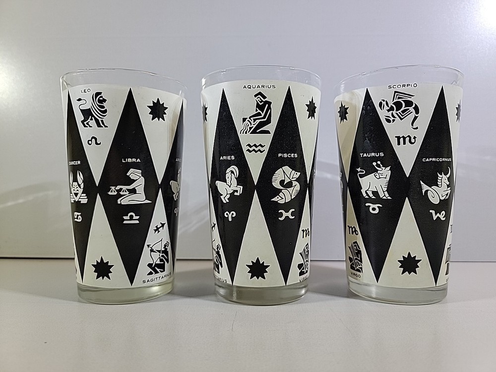 Vintage 1960s Jeannette Harlequin Zodiac Bar Glasses Set of 3 MCM