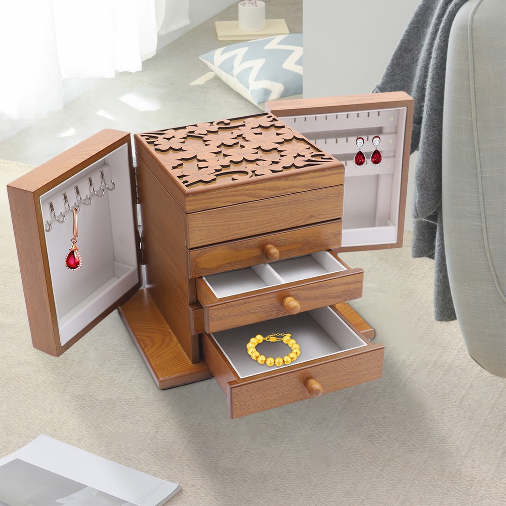 5 Layers Wooden Storage Cage Jewelry Box Organizer Women Girls Gift w/ Drawers