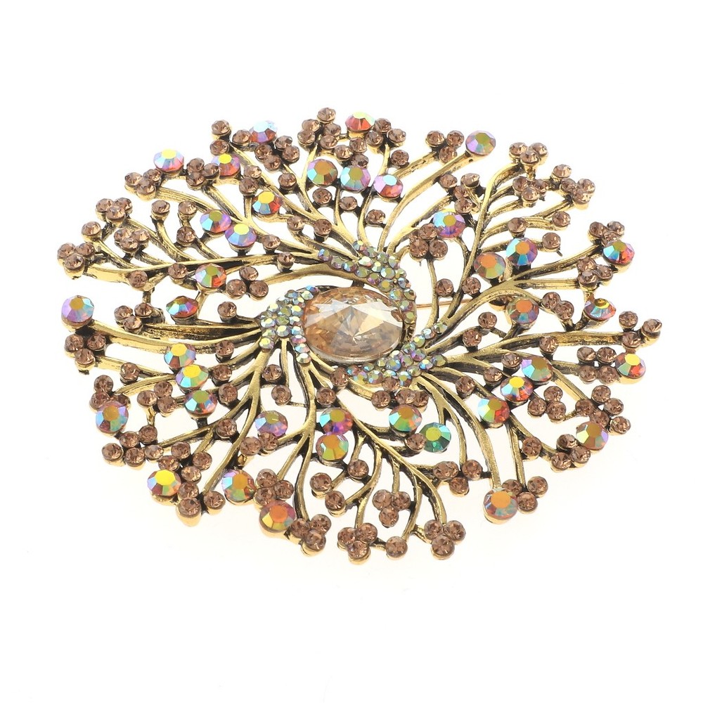 Antique Gold Tone Alloy Metal Extra Large Crystal Flower Brooch P1513-LCT
