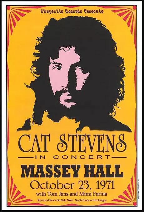 Poster vtg 70s, Cat Stevens in Massey Hall on Oct 23, 1971 Concert Poster
