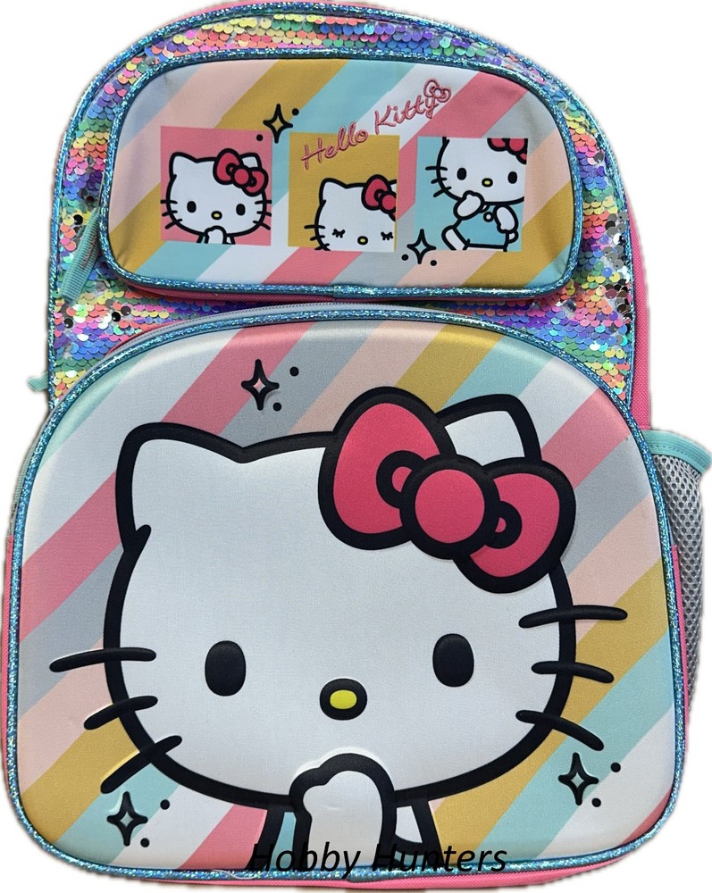 Hello Kitty 3D Pop-Up Rainbow Stripes 16 Inch Large Backpack New