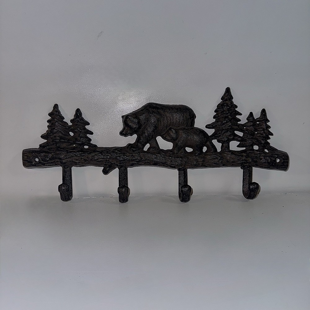 Cast Iron Bear Wall Hook for Hats Coats Lodge Cabin Decor 4 Hooks 13.5 Inch