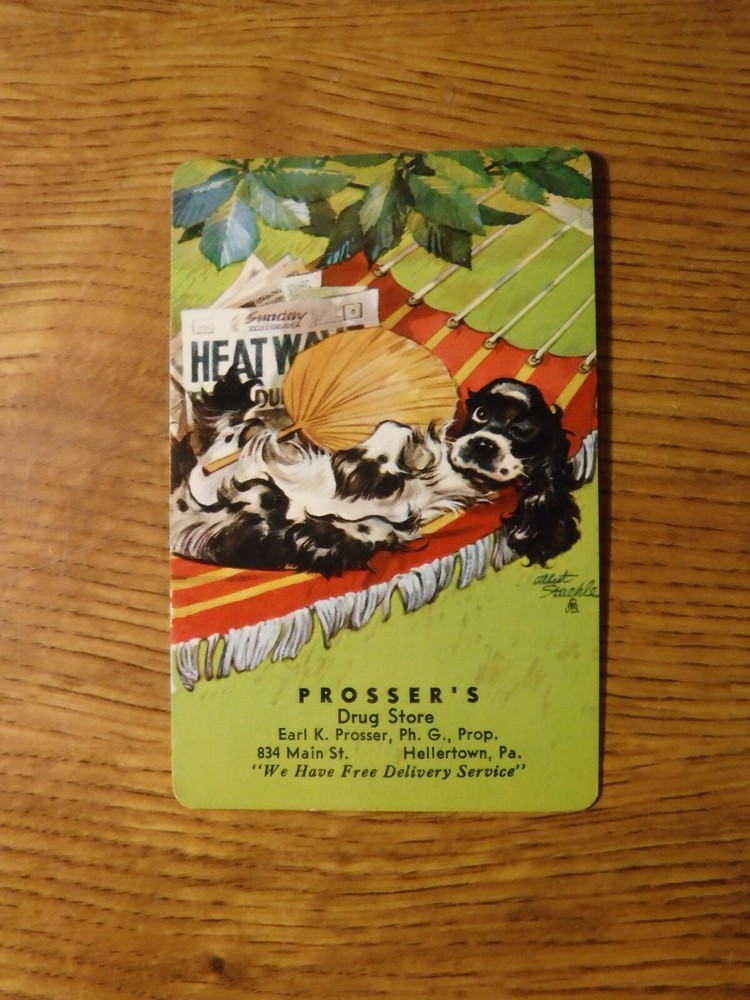 MID 1900'S VINTAGE PLAYING CARD SWAP COUPON BUTCH DOG RESTING IN HAMMOCK-image