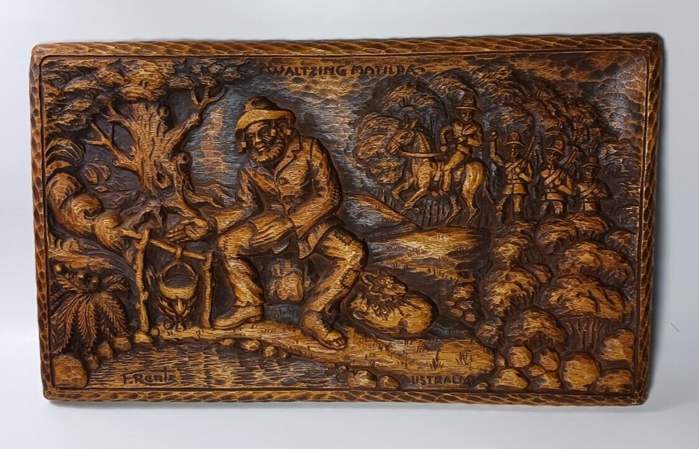 Vintage Waltzing Matilda Hobo Relief Sculpture by F. Rentz Australia