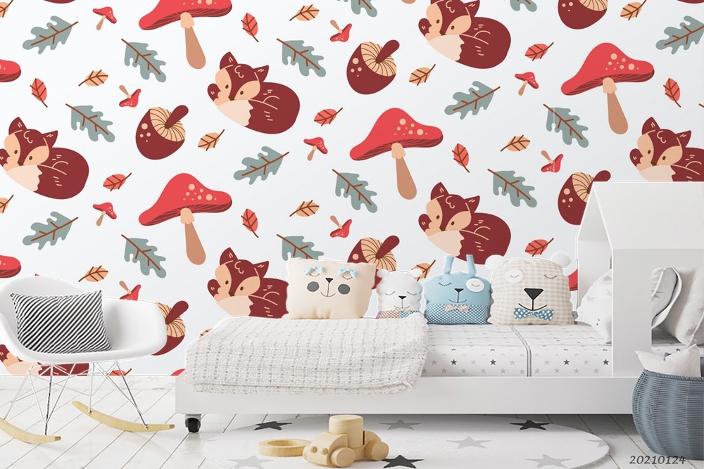 3D Fox Mushrooms Leaves Pattern Wall Murals Wallpaper Murals Wall Sticker