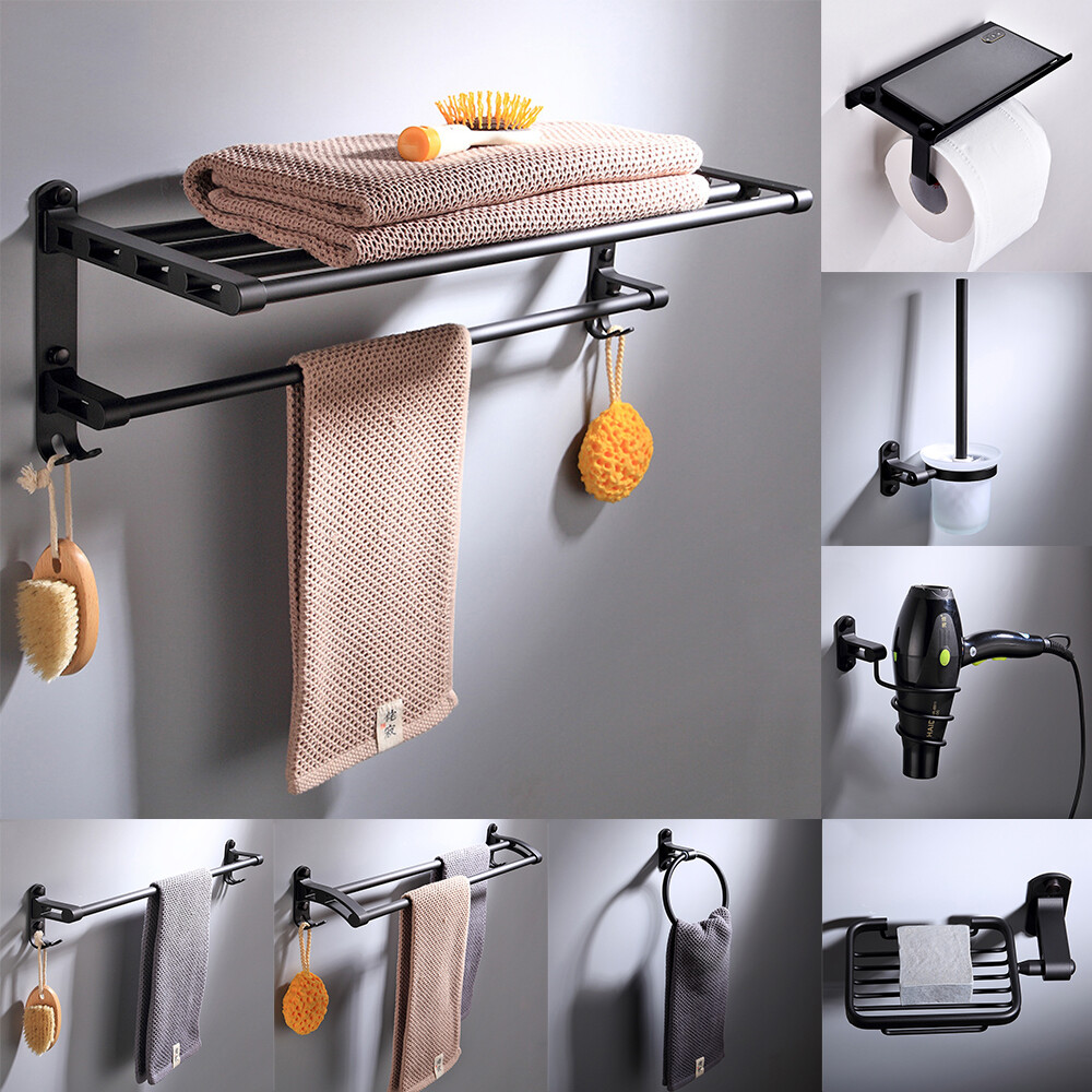 9PCS Black Aluminum Wall Mounted Bathroom Towel Bar Set