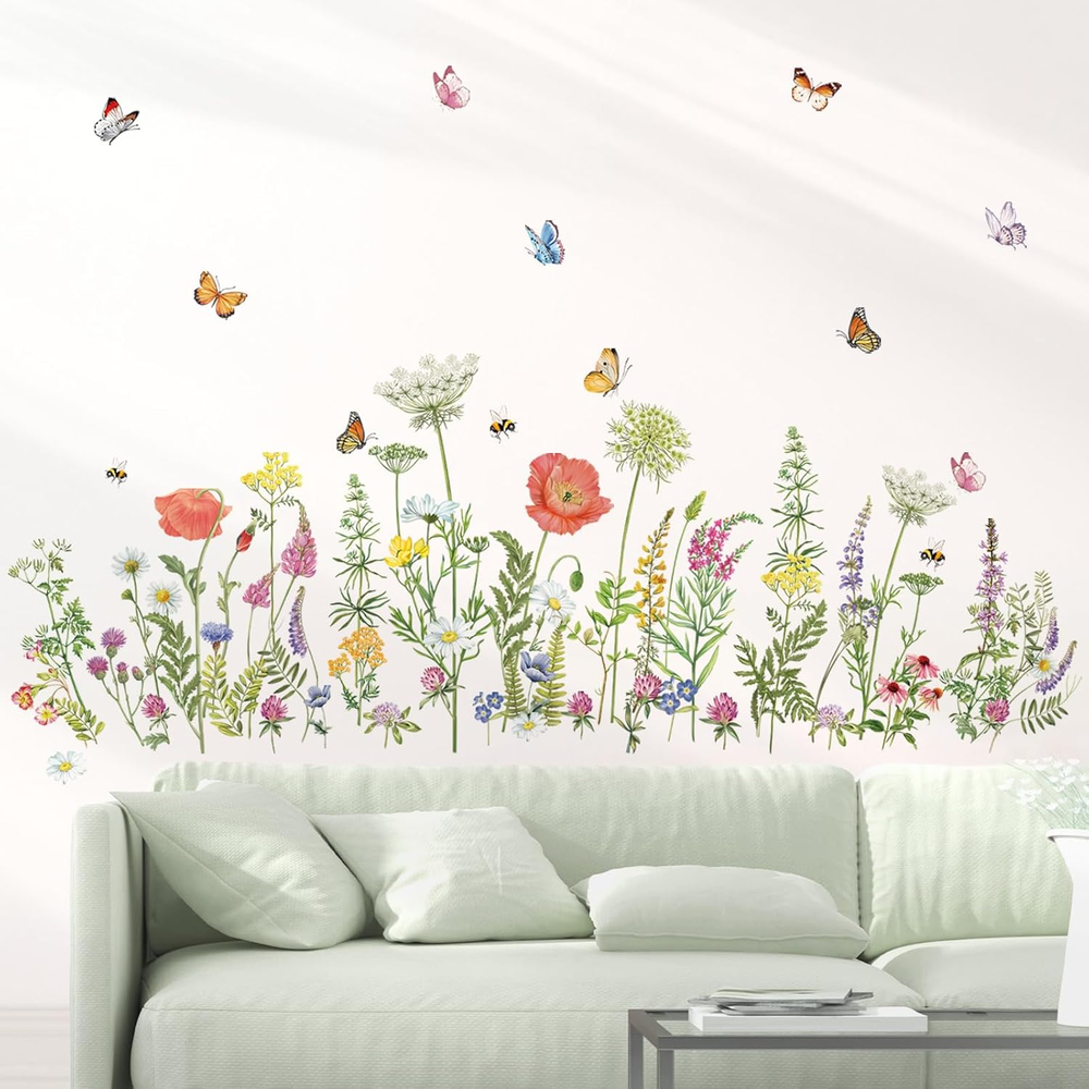 Wildflower Grass Wall Stickers Garden Flower Butterflies Wall Decals Living Room